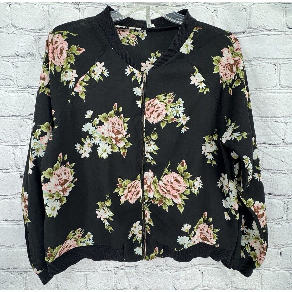Live 4 Truth Bomber Jacket Women's XL  Black Floral Lightweight Semi-Sheer Boho